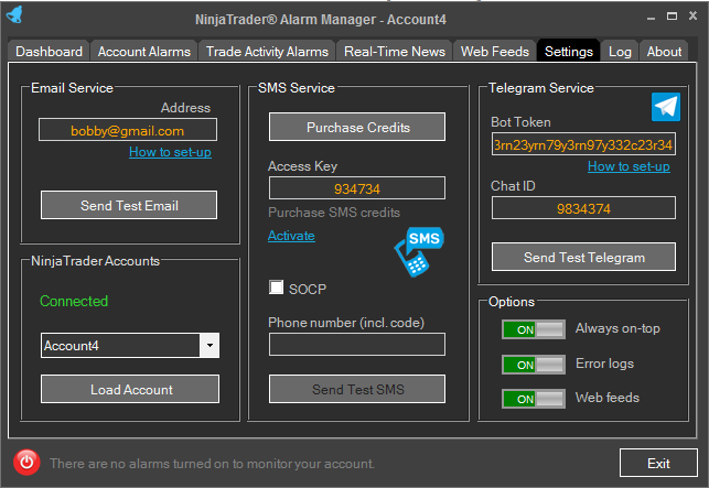 NinjaTrader Alarm Manager Settings